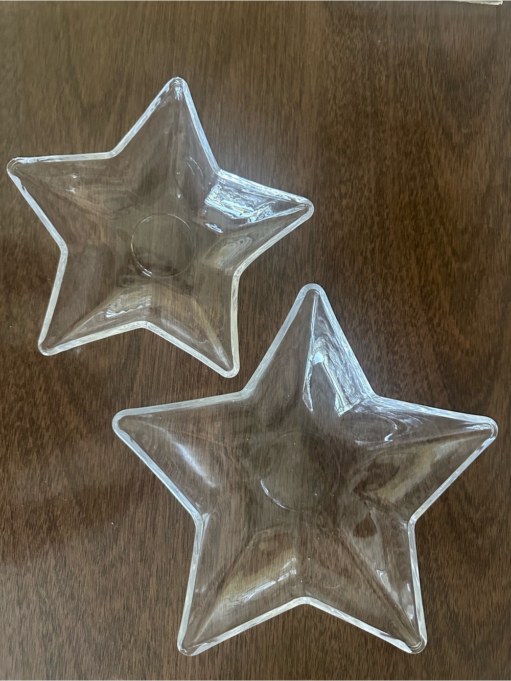 Vintage Clear Glass Nesting Star Bowls Set of 2 Heavy Modernist Candle Dishes